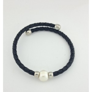 PULSERA MUJER PIEL Y PERLA AGUA DULCE BARROCA NEGRA
