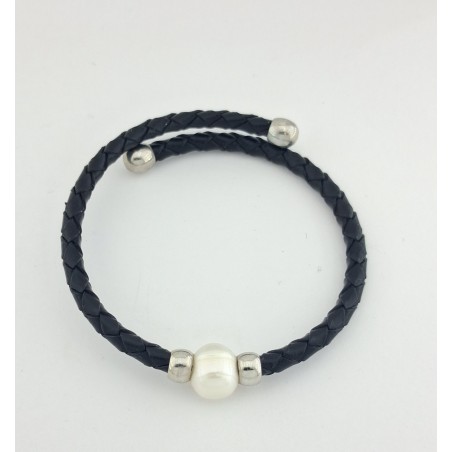 PULSERA MUJER PIEL Y PERLA AGUA DULCE BARROCA NEGRA